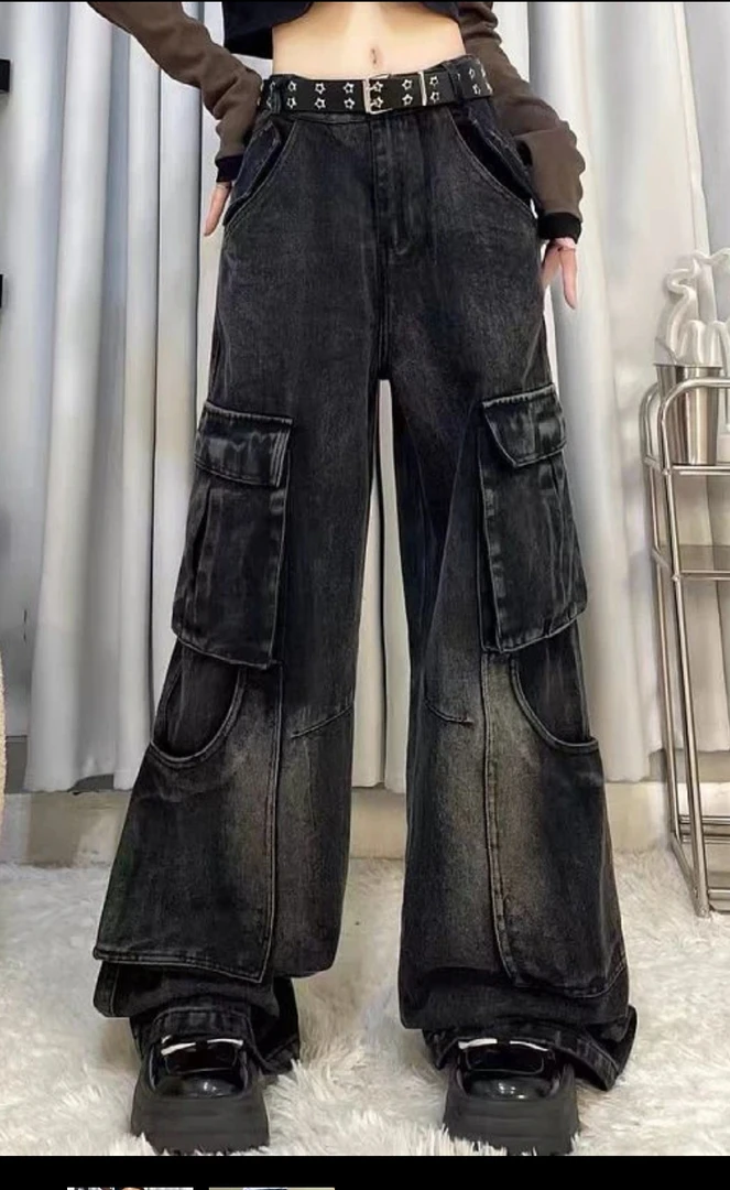 美式高街设计感复古高腰直筒宽松垂感阔腿工装牛仔裤