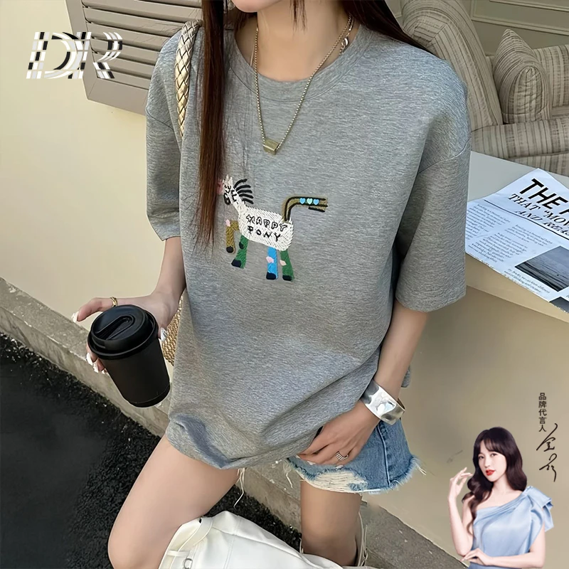 【快乐小马】高弹平价百搭短袖t恤女休闲透气宽松打底衫-D