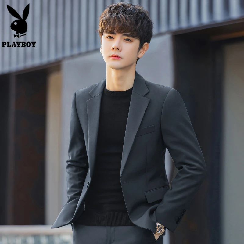 花花公子秋冬男潮青少年潮流正装修身休闲西服纯色西装套装百搭