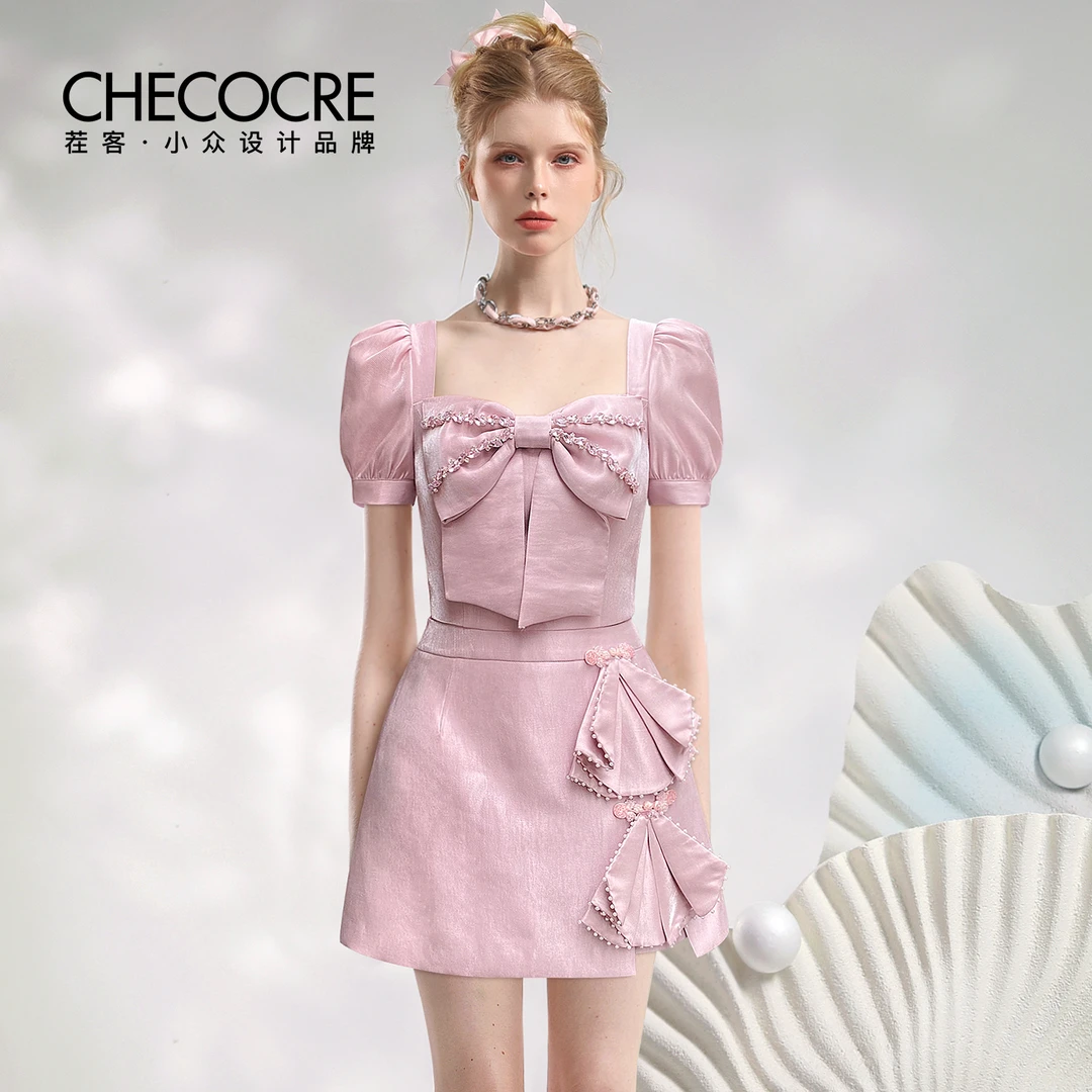 茬客法式浪漫名媛气质套装裙夏新款蝴蝶结上衣修身短裙CM710038AB