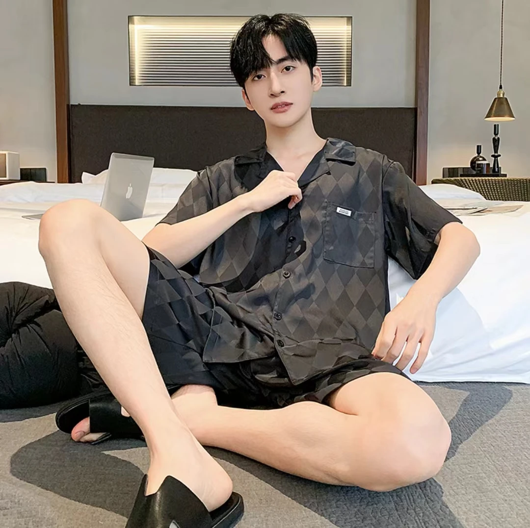 101一168男士睡衣短袖三件套夏季冰雪丝亲肤透气时尚家居服