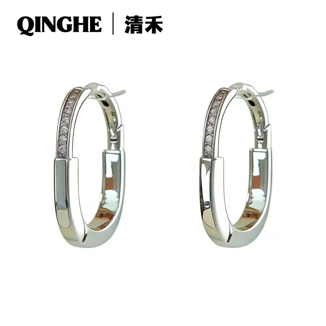 925银合成锆石耳饰 镶锆方型耳圈小众气质通勤耳扣女百搭轻奢