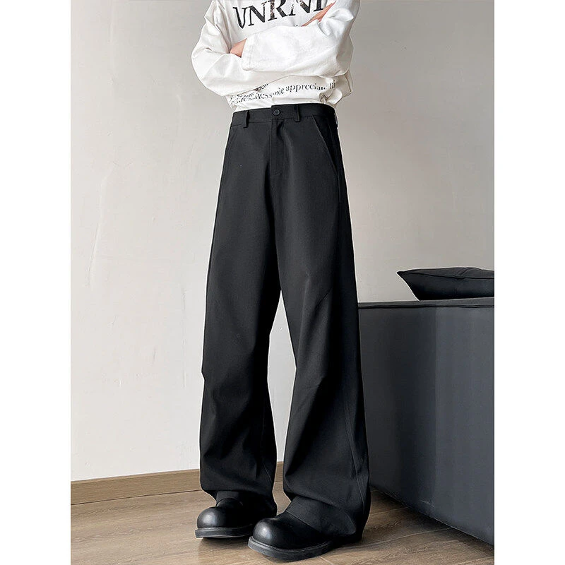 美式简约潮流春季新款男士弯刀西裤纯色褶皱宽松直筒百搭休闲长裤