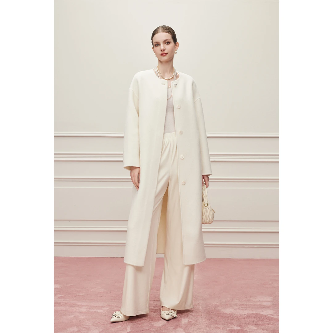 MandyZhang素雅静奢100%绵羊毛白色毛呢外套女冬高级感双面呢大衣