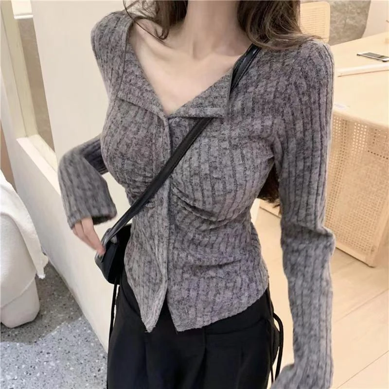 c201-c280-翻领针织开衫女春秋新款辣妹紧身上衣不规则薄款小清新