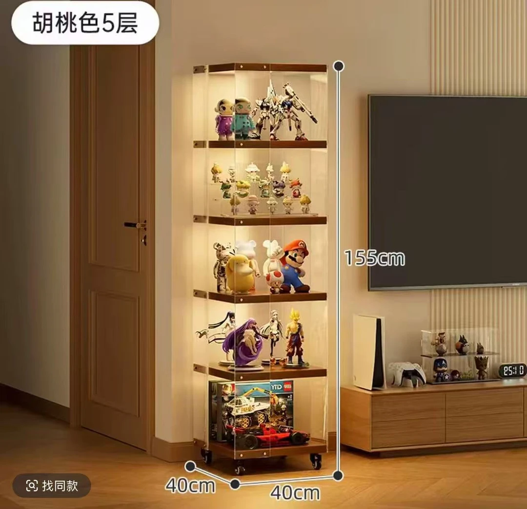 808亚克力旋转书架落地置物架一体靠墙移动手办展示实木转角书架