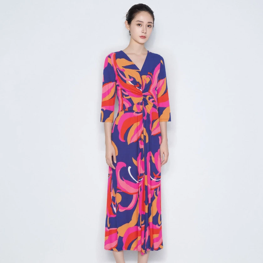 【小熊专属】度假风印花裹身裙褶皱设计欧美七分袖裙子VHSA70DRX0