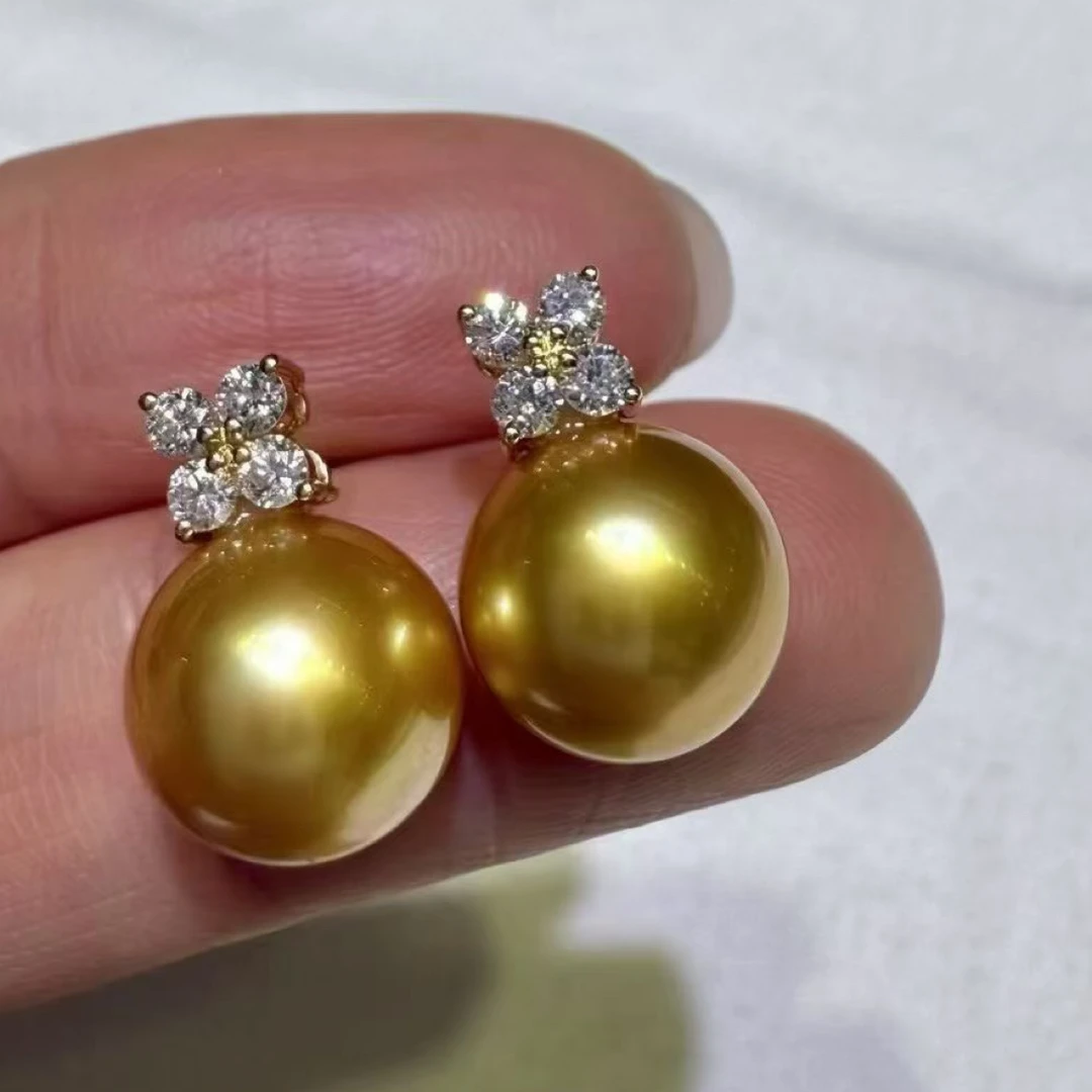 925银耳饰 南洋浓金色珠珠幸运四叶草高级感S925银耳钉耳环耳坠