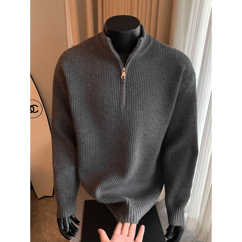 美式半拉链毛衣男款冬季2025保暖内搭上衣冬装男士灰色针织衫厚款