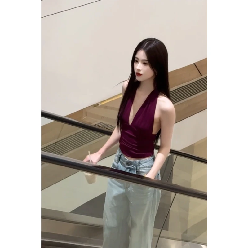 法式后背镂空小吊带背心女无袖露背挂脖上衣高腰长款牛仔裤两件套