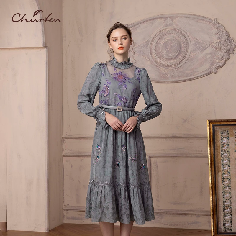 【媛媛专享】朝峰春季新款花型领长袖复古气质连衣裙CFD1B009-0015G