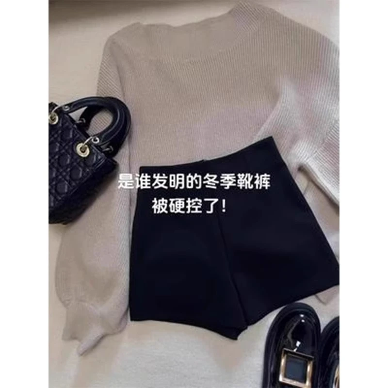 芯娇晴黑色高腰短裤女春秋加绒加厚辣妹打底裤弹力显瘦a字裤热裤