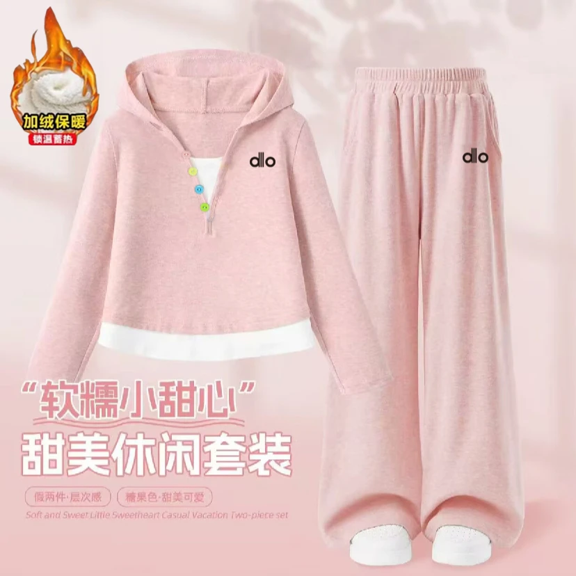 女童秋冬加绒新款套装洋气女宝宝连帽假两件上衣字母休闲裤两件套
