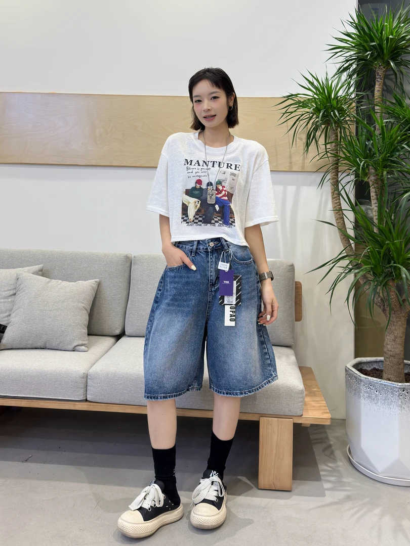 TO【CPO516】经典蓝水洗做旧牛仔夏季薄款简约设计休闲宽松阔腿裤