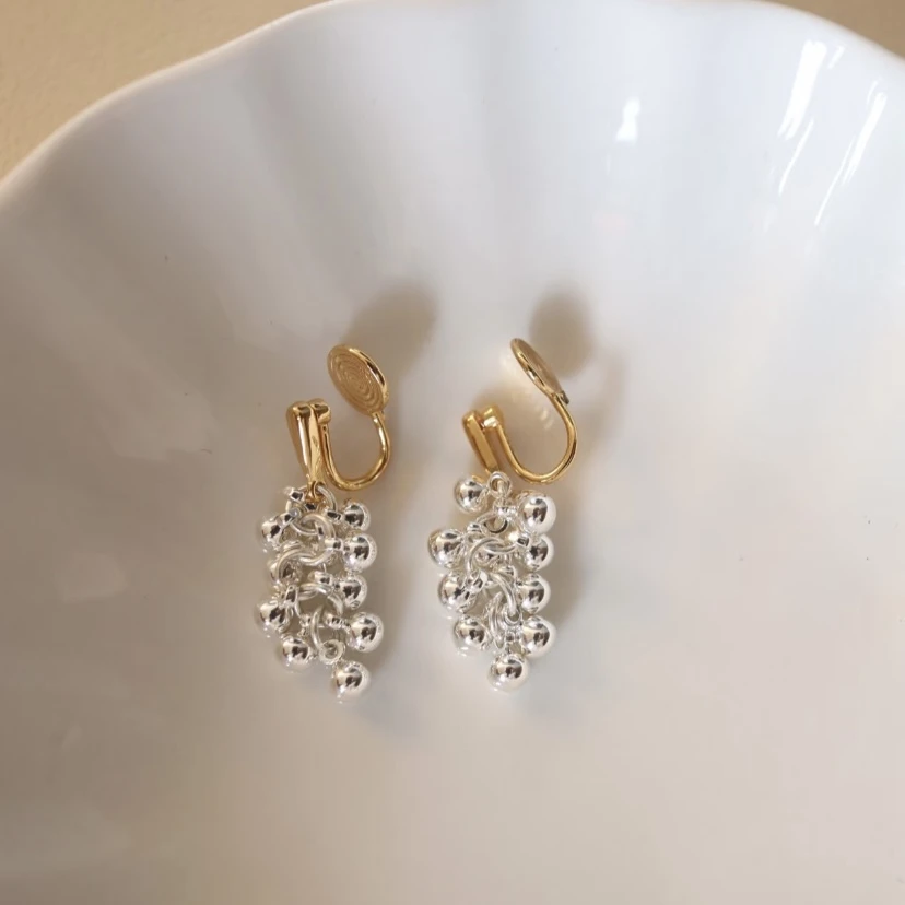 铜合金耳饰 H208寄银色串珠耳钉金银撞色无耳洞蚊香盘耳夹时髦