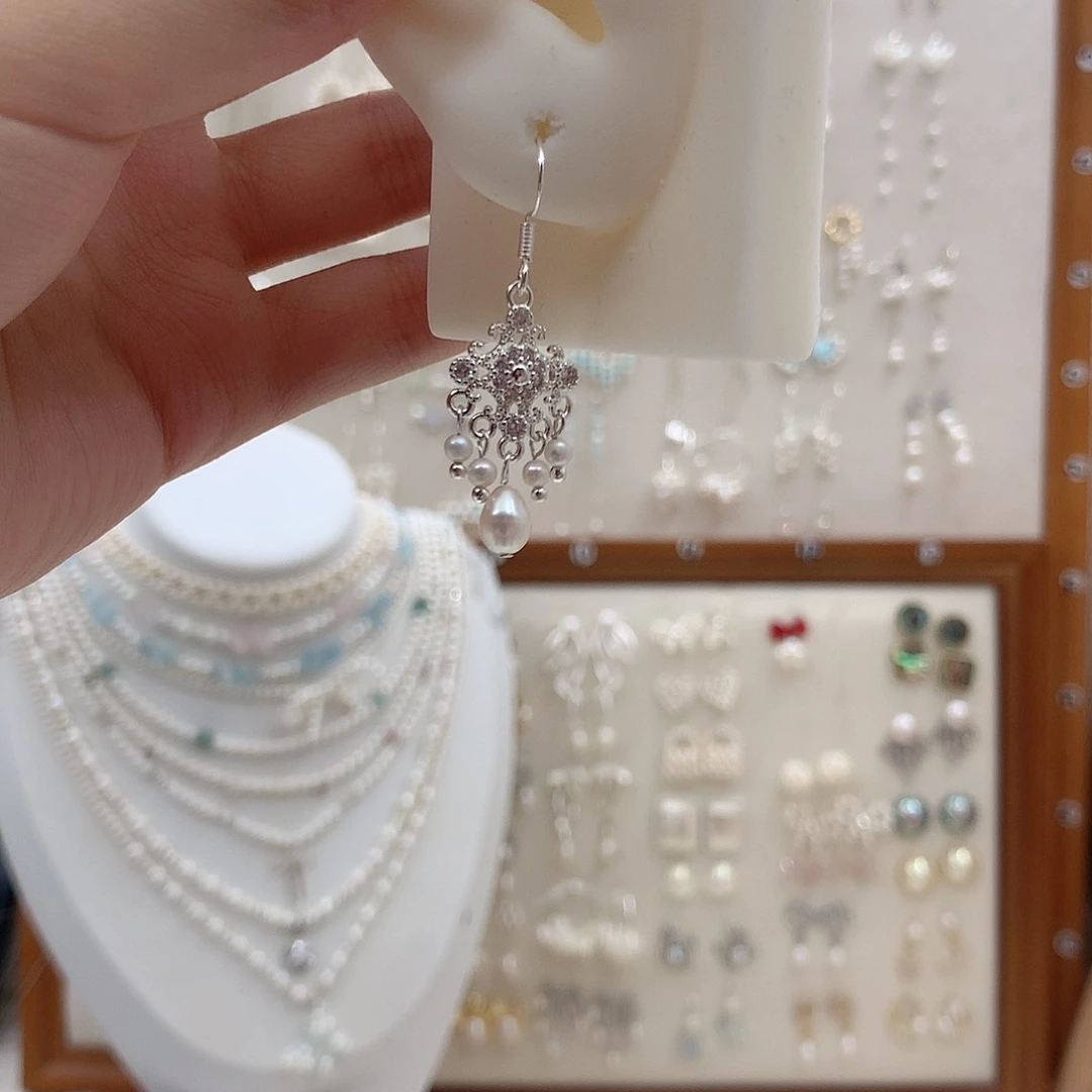 耳饰银S925镶嵌淡水珍珠