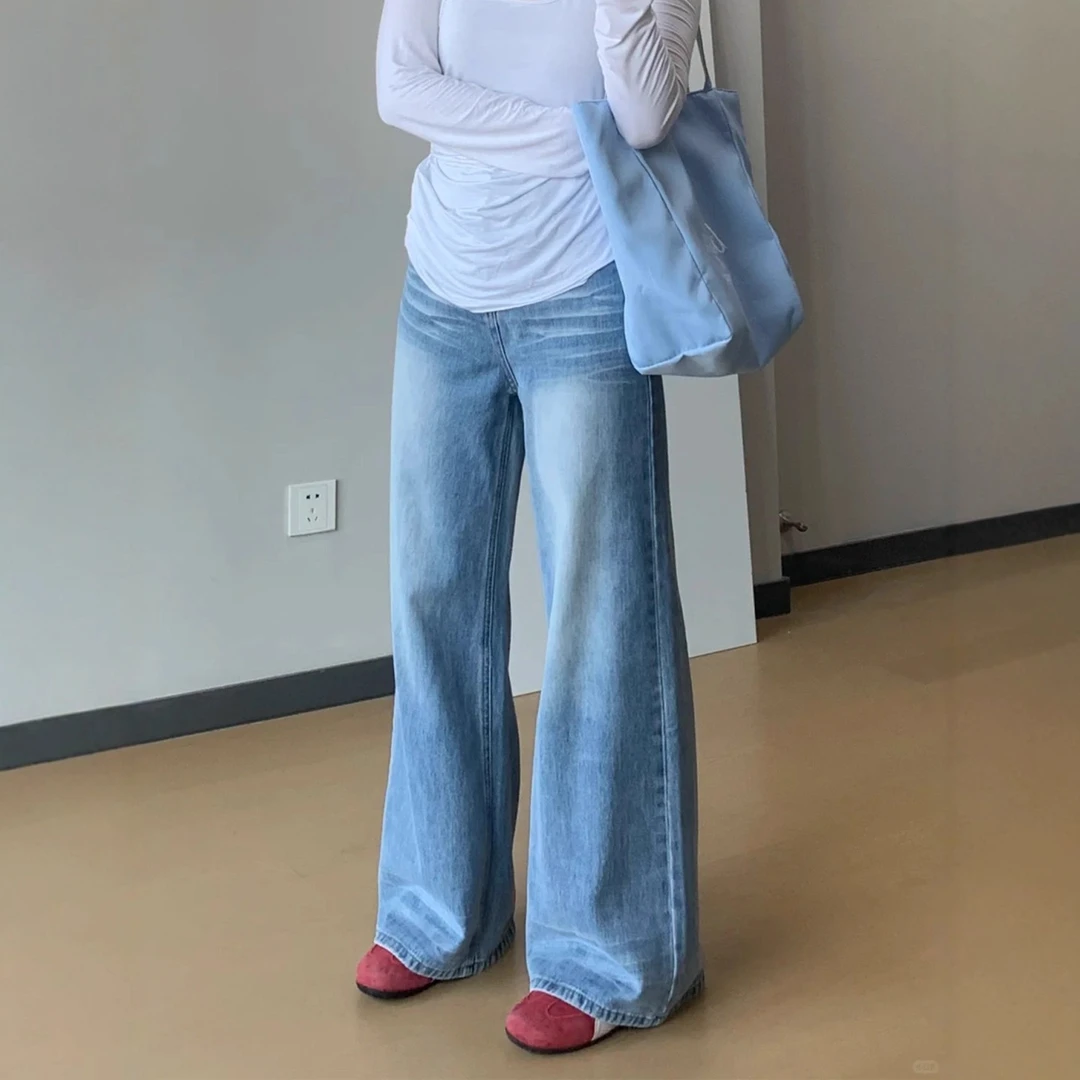 浅色阔腿牛仔裤女大码胖mm显瘦裤子梨型身材遮胯宽松小个子直筒裤