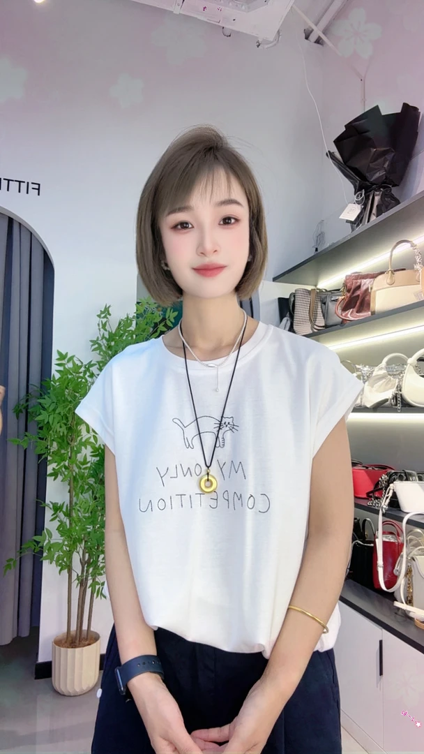 饭饭家 下摆收口猫咪刺绣短袖