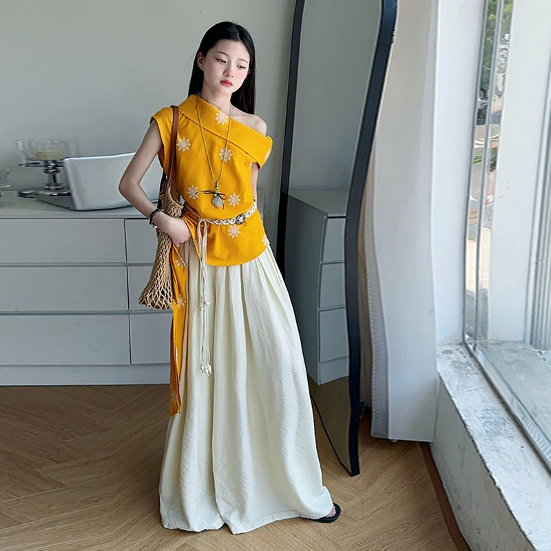 女童2025年夏季新款翻领绣花无袖斜肩上衣百搭宽松休闲阔腿裤套装