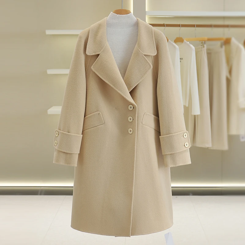 【伍莎-自营】大翻领纯色中长款双面呢外套#QBY48B002