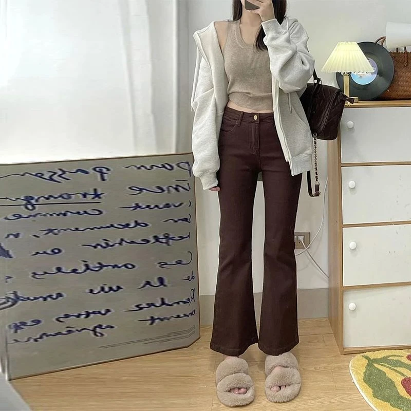 雪千羽棕色微喇牛仔裤女冬加绒2025弹力梨形身材显瘦小个子九分裤