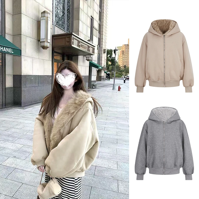 Moses Queen/魔西女王正反两穿环保仿皮草棉服女保暖连帽卫衣外套