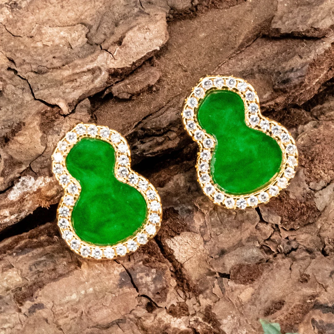 【涵韵】翡翠葫芦耳钉 镶嵌精致满绿