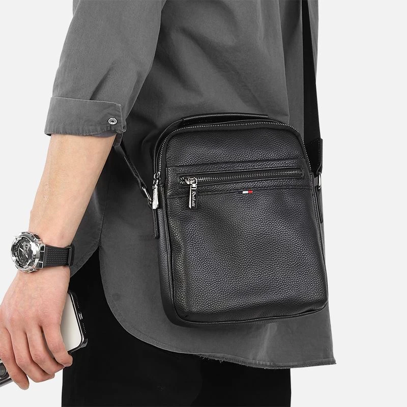 66391-6男士牛皮通勤风方形简约百搭黑色斜跨包商务单肩斜挎包