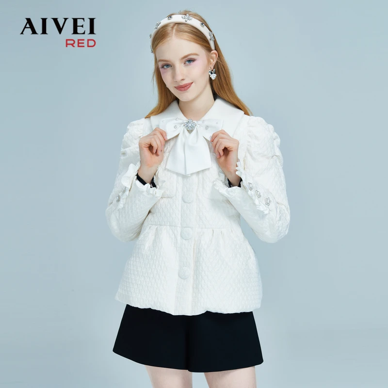 【媛媛女王专享】AIVEI艾薇木耳泡泡袖收腰设计师羽绒服P0660053