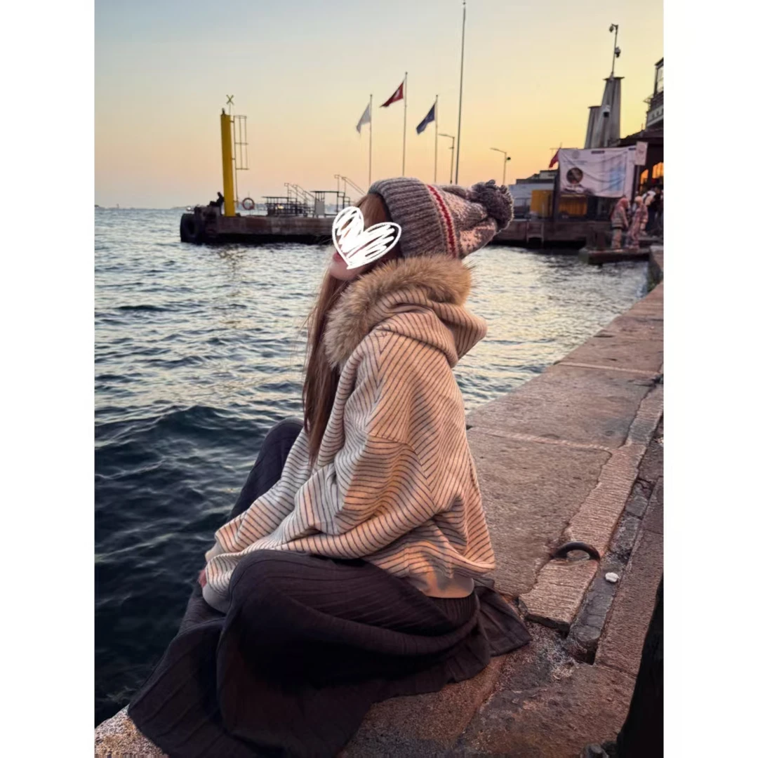 H1032【暖绒絮语】美式毛领连帽卫衣外套女条纹拉链开衫宽松上衣