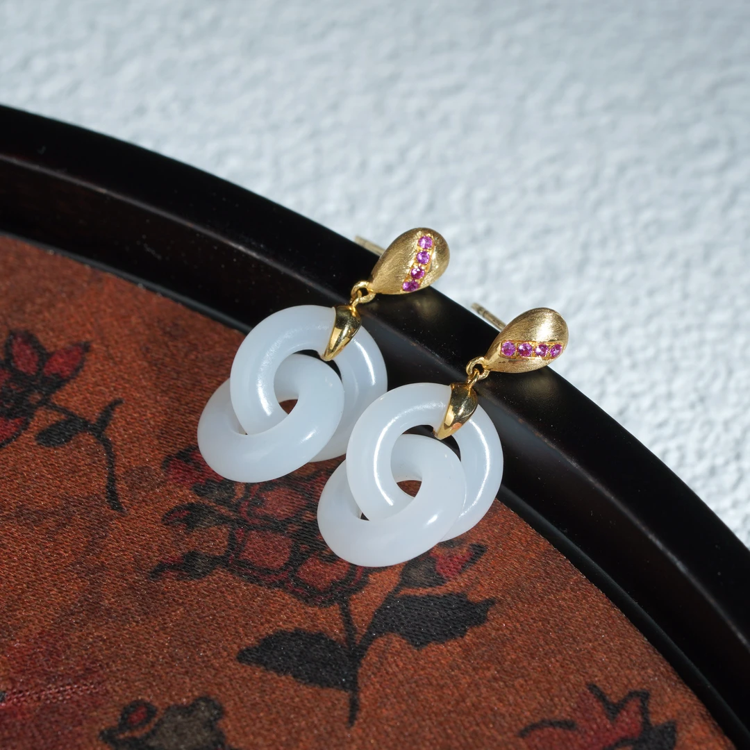 【鹿鸣】18k金和田玉羊脂白玉耳饰 LM09