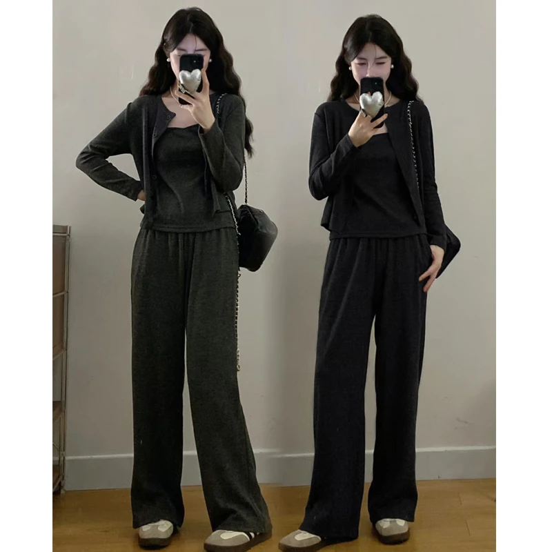 大码胖mm秋季新款套装女高级感韩系气质开衫吊带裤子三件套女