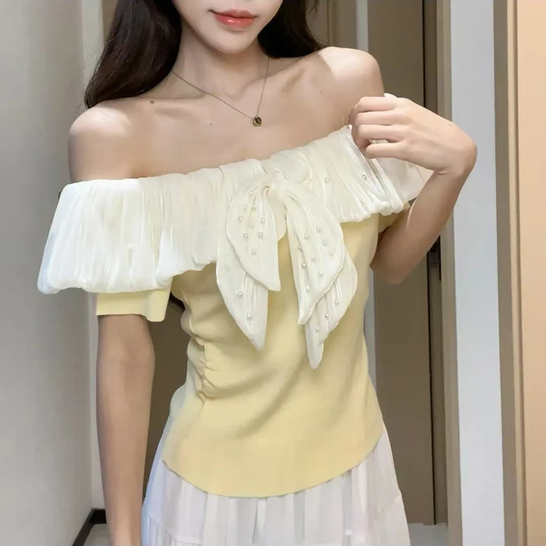 【8803】大码女装胖mm小香风荷叶边短袖t恤夏季纯欲一字领露肩上衣