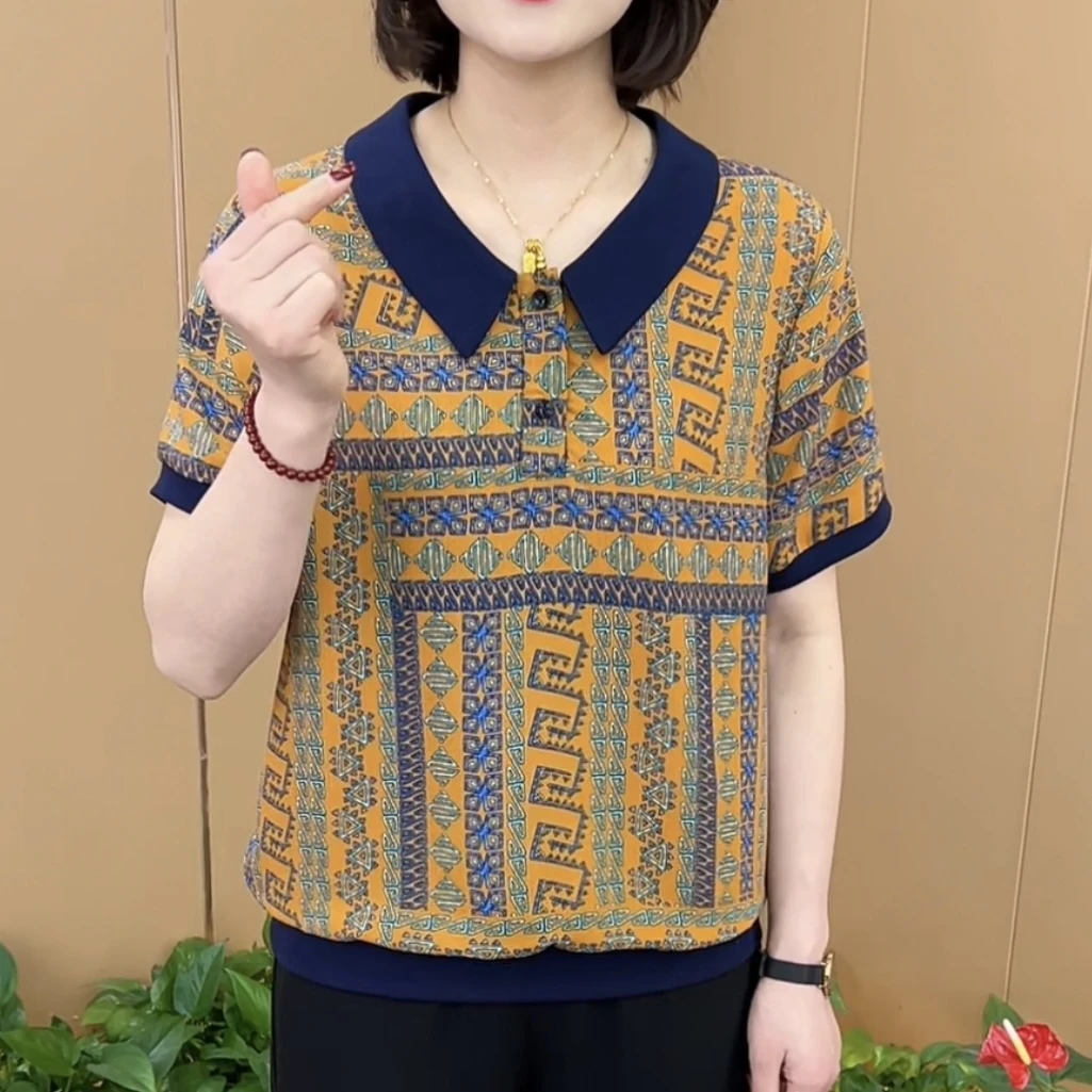 夏季新款时尚翻领洋气印花气质妈妈装宽松显瘦百搭短袖上衣K6615
