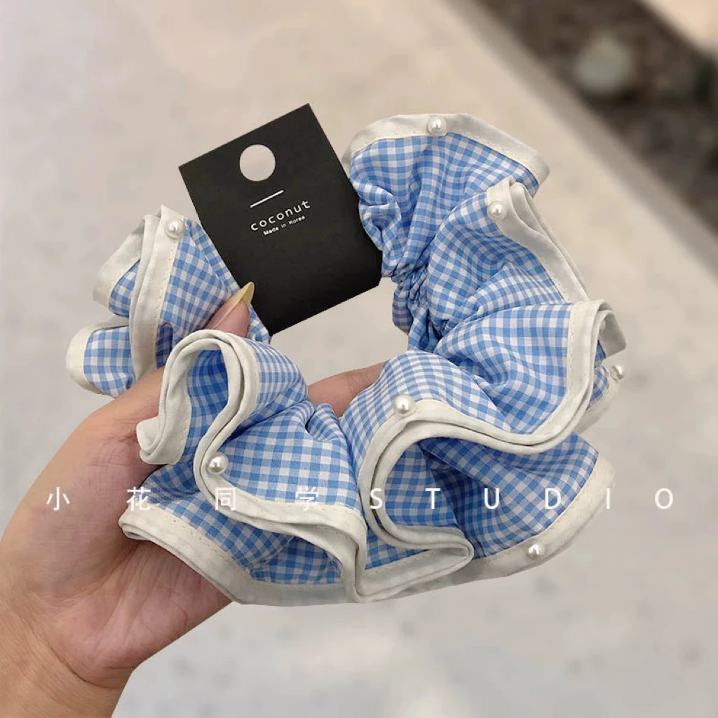 韩国发饰2024新款高级感精致婴儿蓝格子珍珠发圈大肠圈发绳头绳
