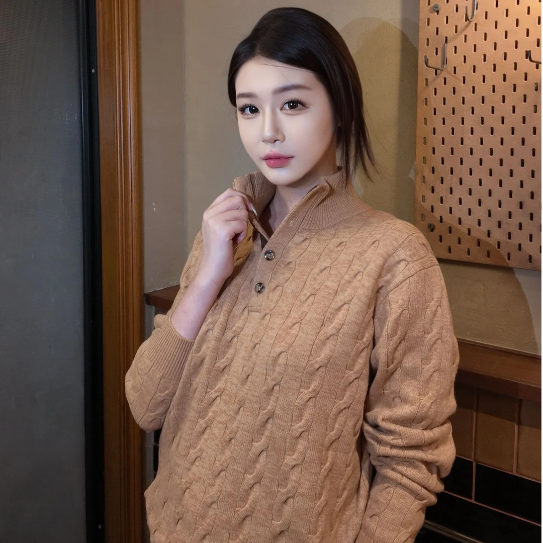 【goolu专属】琥珀流光早秋绞花半开胸半拉链休闲舒适百搭男女毛衣