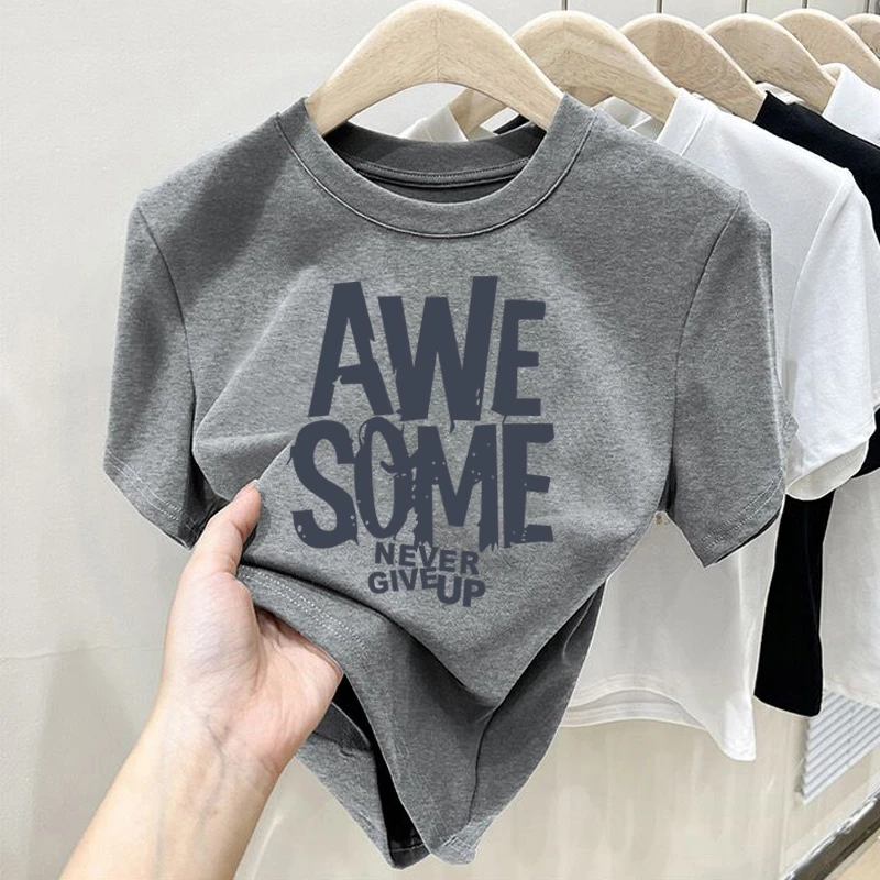 磨毛厚款正肩短袖t恤女2025新款秋季新款灰色上衣纯棉百搭打底衫