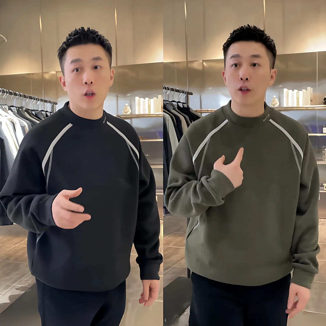 冬季新款软糯羊毛感圆领休闲卫衣男士潮流舒适加厚保暖长袖打底衫