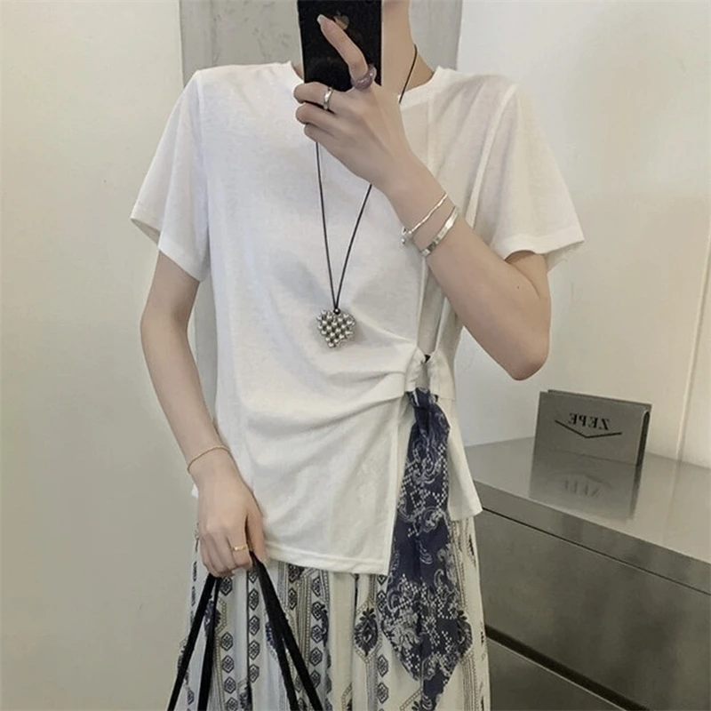小众ins风下摆丝巾绑带短袖T恤女宽松显瘦圆领百搭不规则别致上衣