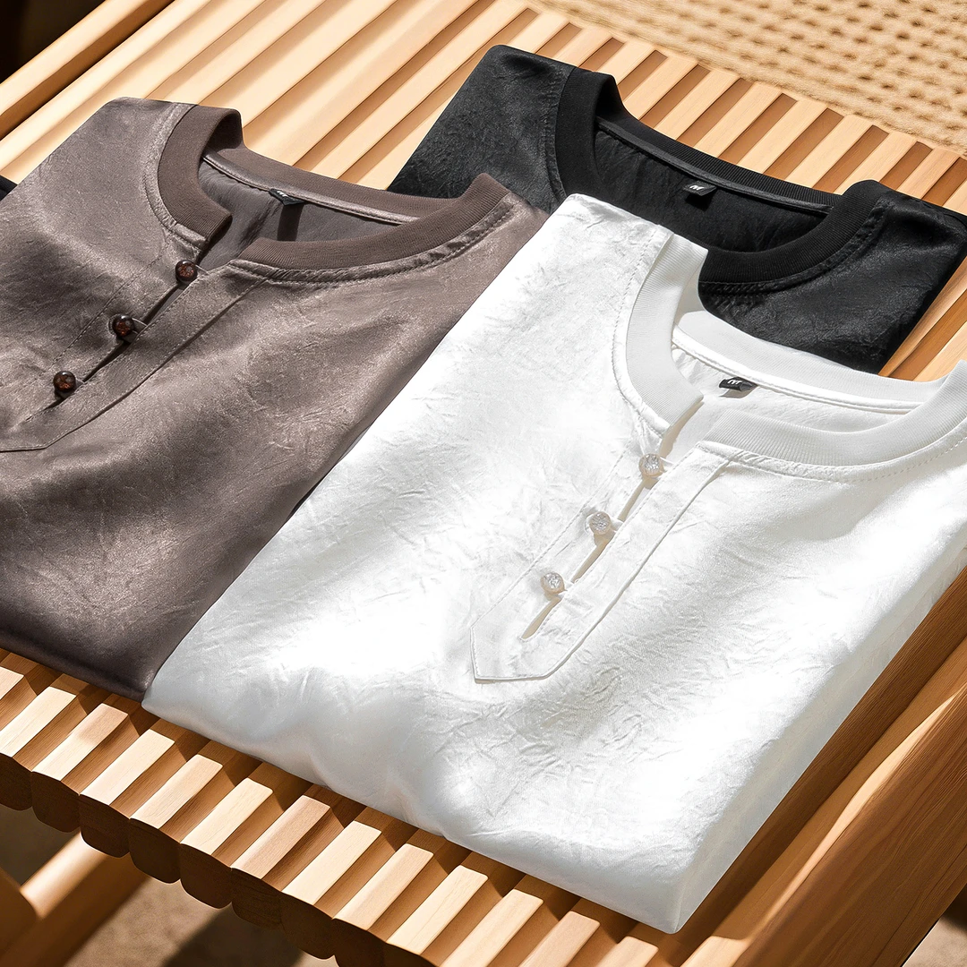 蒂斯派尔新款夏季奢华新中式垂顺抗皱冰丝醋酸轻薄凉感男短袖t恤