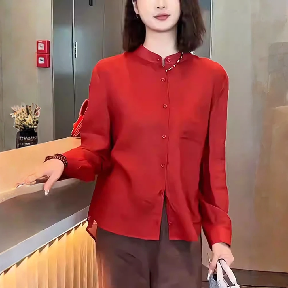 欧货高端大牌红色圆领单排扣薄款长袖2025年早秋新款宽松上衣女