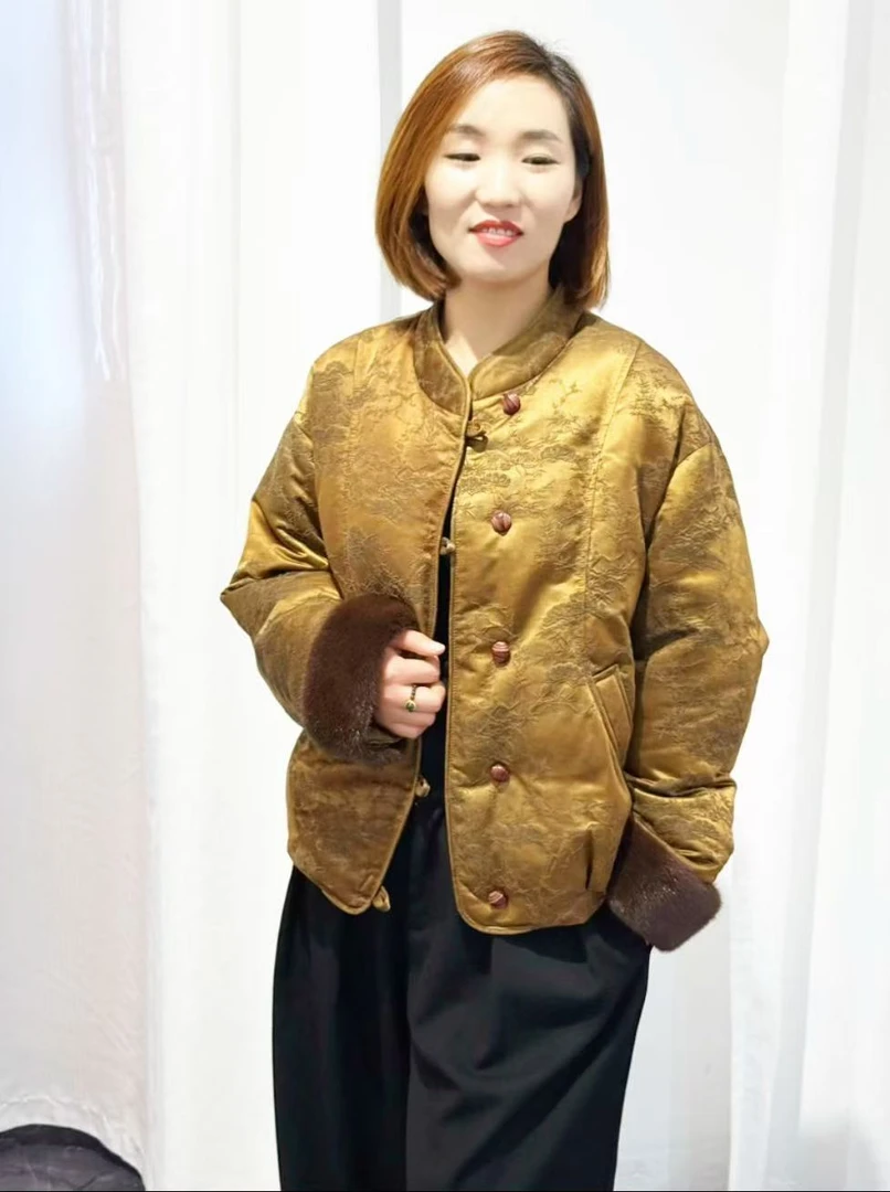 海宁水貂国风时尚鹅绒新中式油丝云纱2025女款新款上市