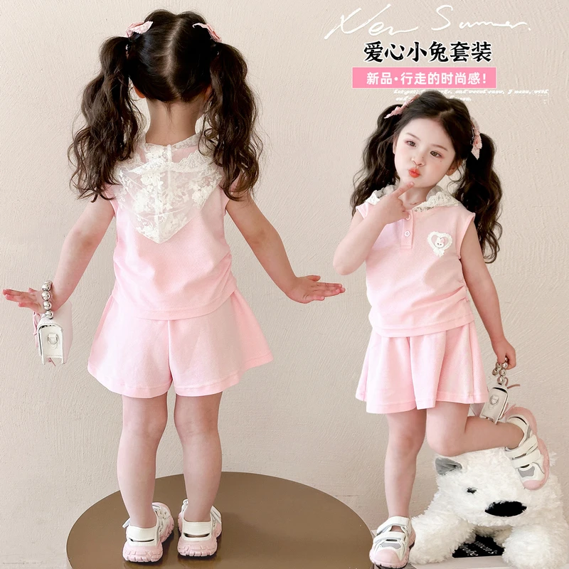 女童蕾丝帽套装2025新款儿童夏装韩版洋气女宝宝夏季休闲两件套潮