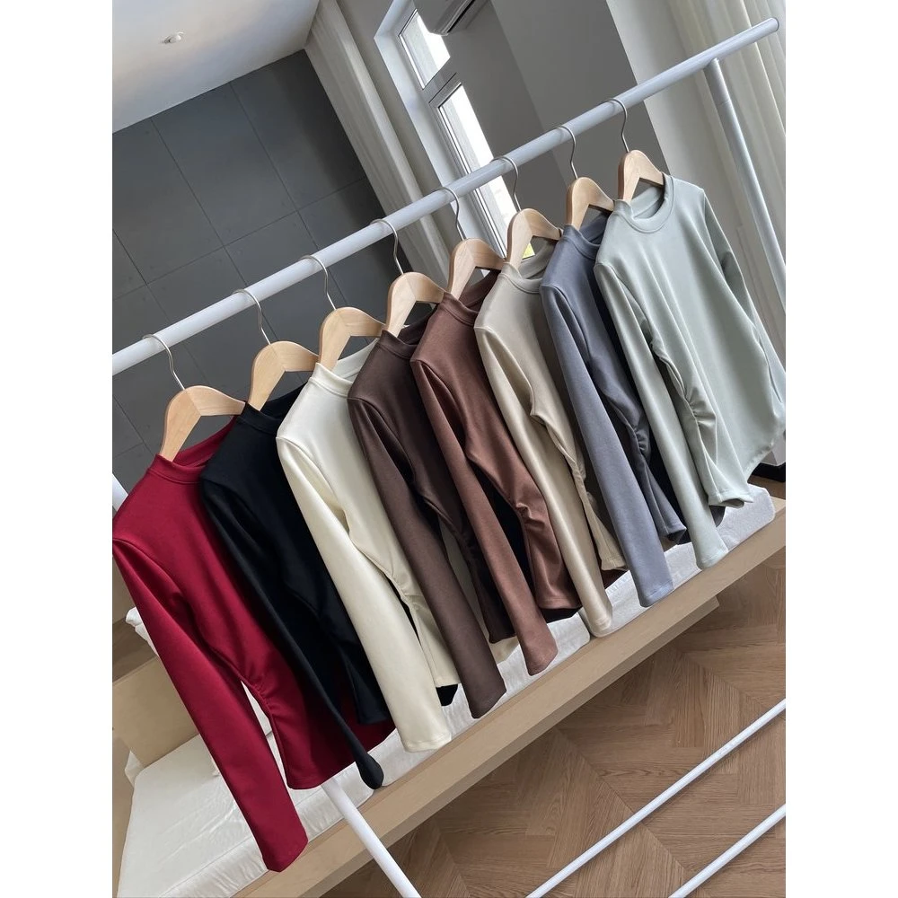 D5785秋冬季女士长袖正肩收褶显瘦长袖打底衫