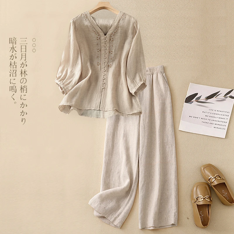 大码女士夏装时尚休闲苎麻套装妈妈高端洋气亚麻衬衫阔腿裤两件套
