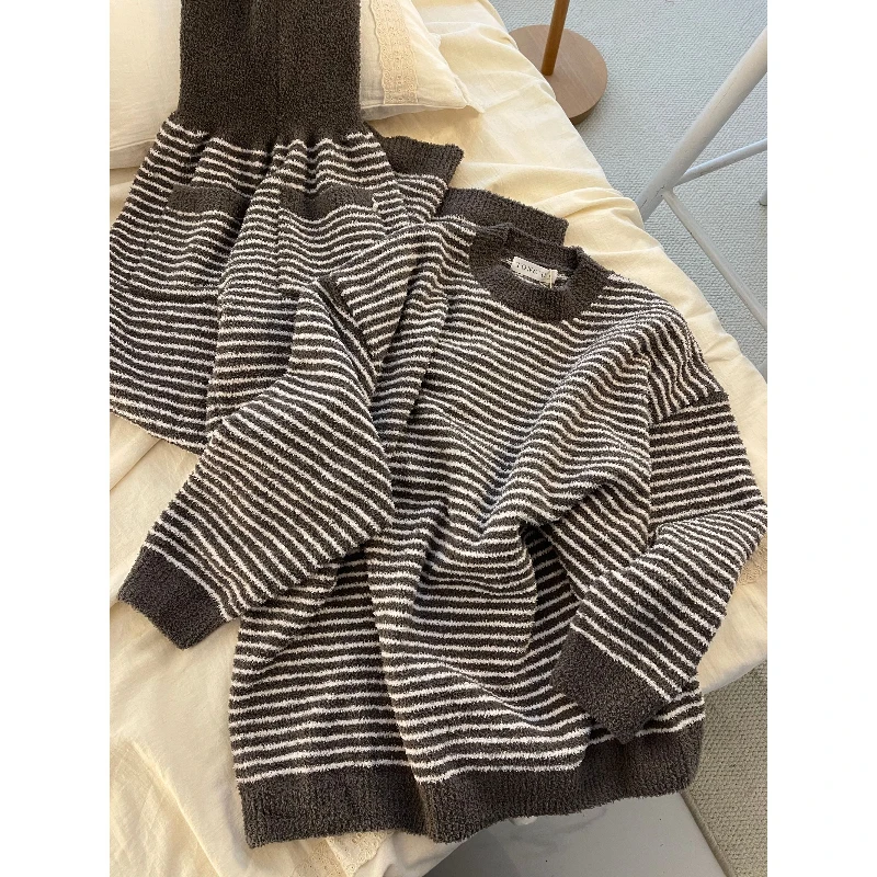 韩系简约条纹针织半边绒睡衣女冬季新款加厚保暖家居服套装可外穿