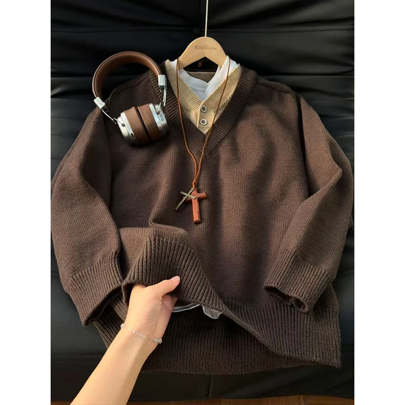 vintage老钱风复古针织毛衣男款秋冬假两件拼接针织衫慵懒风卫衣