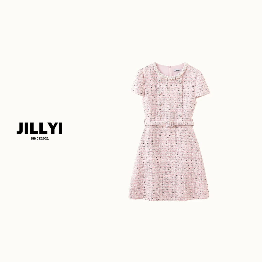 JILLYI南山店【粉系笔记】粉色圆领粗花呢腰间绑带时尚公主气质连衣