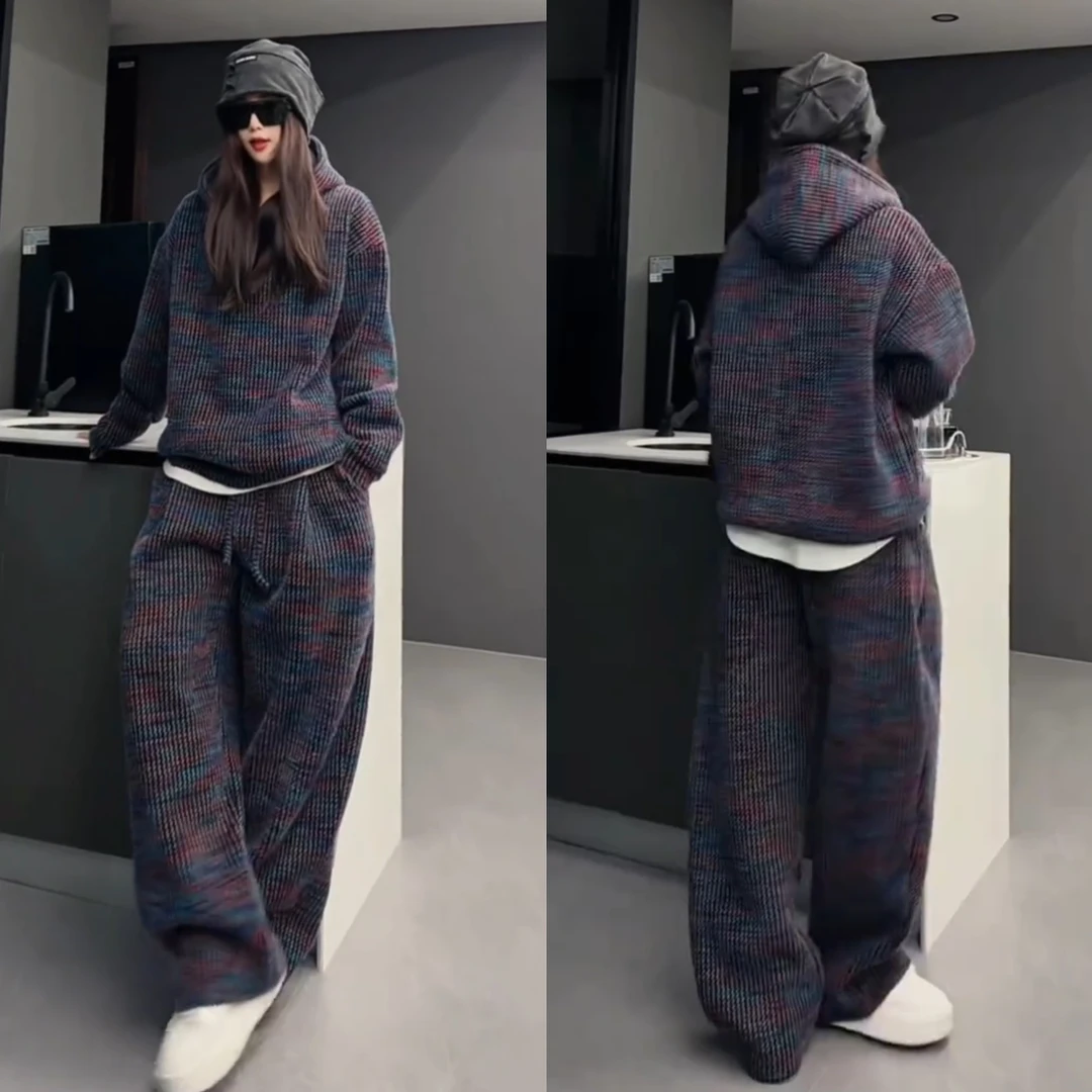 冬季新款加绒加厚休闲套装男女同款潮流百搭连帽卫衣休闲裤两件套