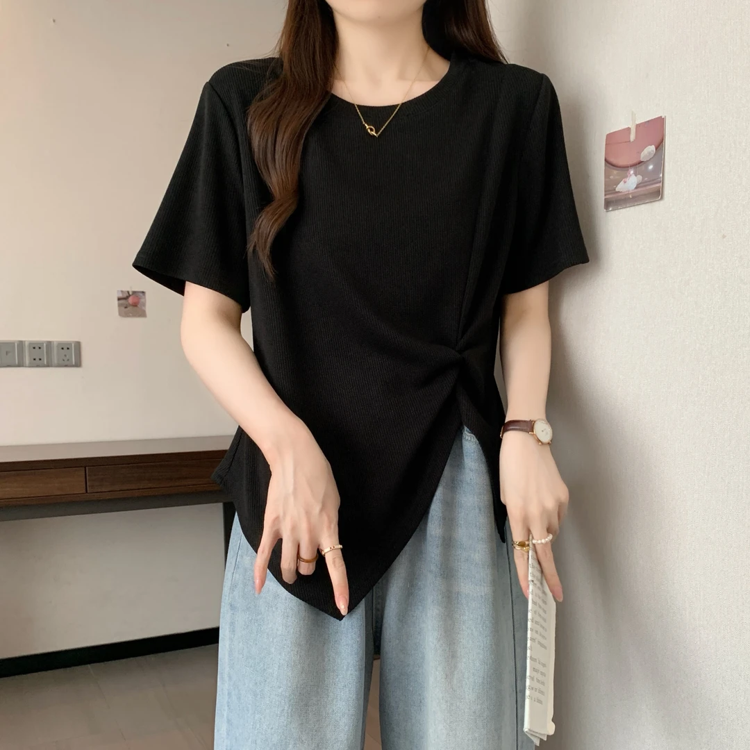 大码时尚设计感修身洋气上衣夏季新款胖mm显瘦不规则短袖t恤女